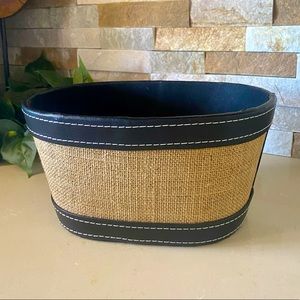 Burlap and faux leather trim basket